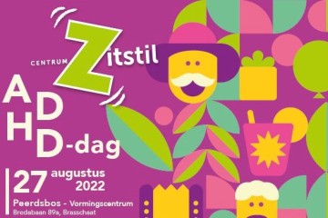 Vele kleurrijke figuurtjes en plantjes met daarop logo van centrum ZitStil en aankondiging ADHD-dag op 27 augustus